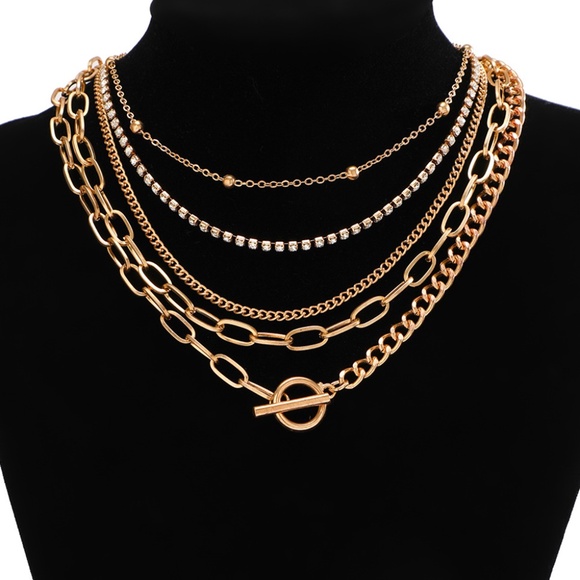 Gold 5pcs Layered Rhinestone Chain Collarbone‎ Necklaces Set - Picture 1 of 4